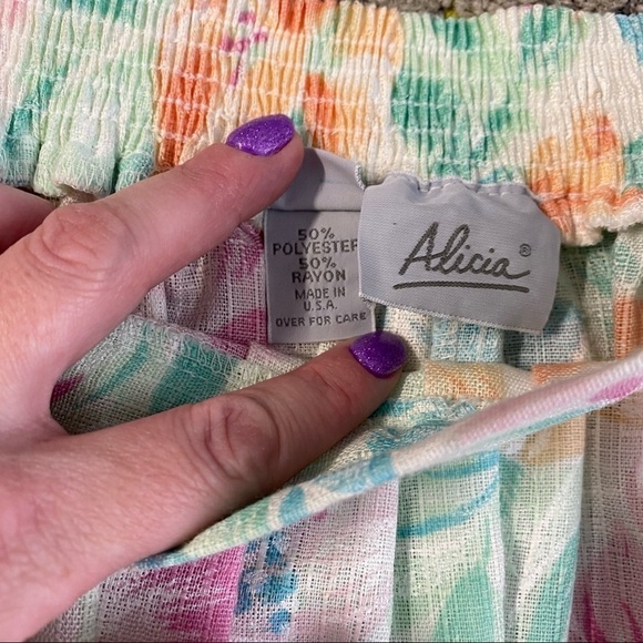 Vintage Alicia Pastel Floral Cottagecore Pleated Elastic Waist A Line Midi Skirt - Picture 4 of 6